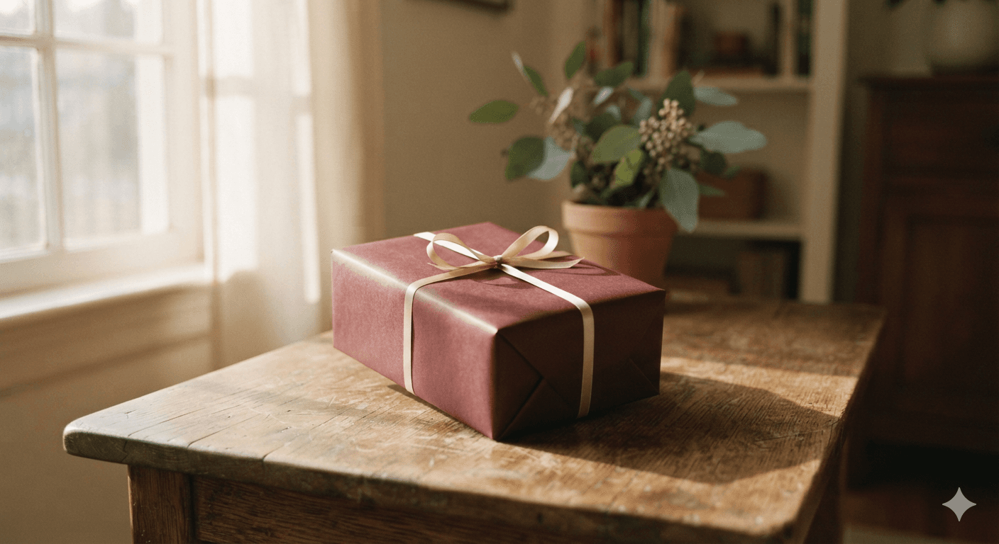 The Jewstery Box — wrapped in oxblood paper with champagne ribbon